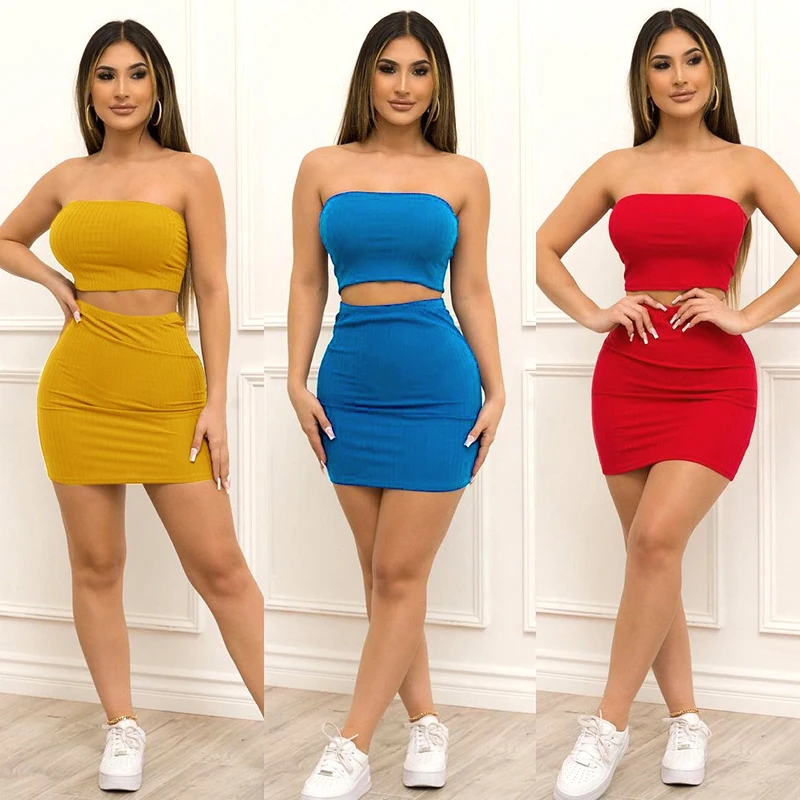 

Bomblook R21ST426 Casual Ribber Two Piece Set Women Strapless Crop Top High Waist Mini Skirt Solid Color Elastic Outfit Female