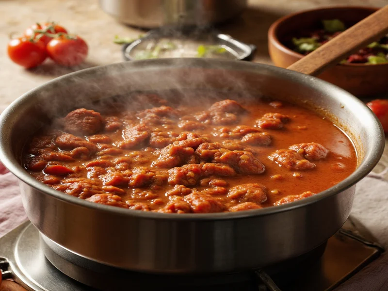 Homemade meat sauce simmering in stainless steel pot