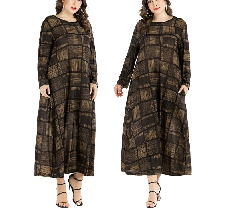 

2021 Ladies casual plus size fashion dresses party long sleeve tie waist clothes fat women dress 5xl/6xl, Brown