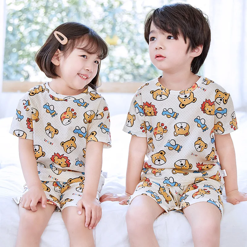 

Children's short-sleeved suit summer thin cartoon printed cotton mesh jacquard pajamas for boys and girls, Picture shows