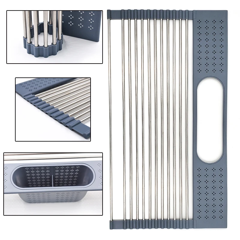 

Kitchen Accessories Over the Sink Dish Drying Rack Roll up Silicone Folding Draining Rack