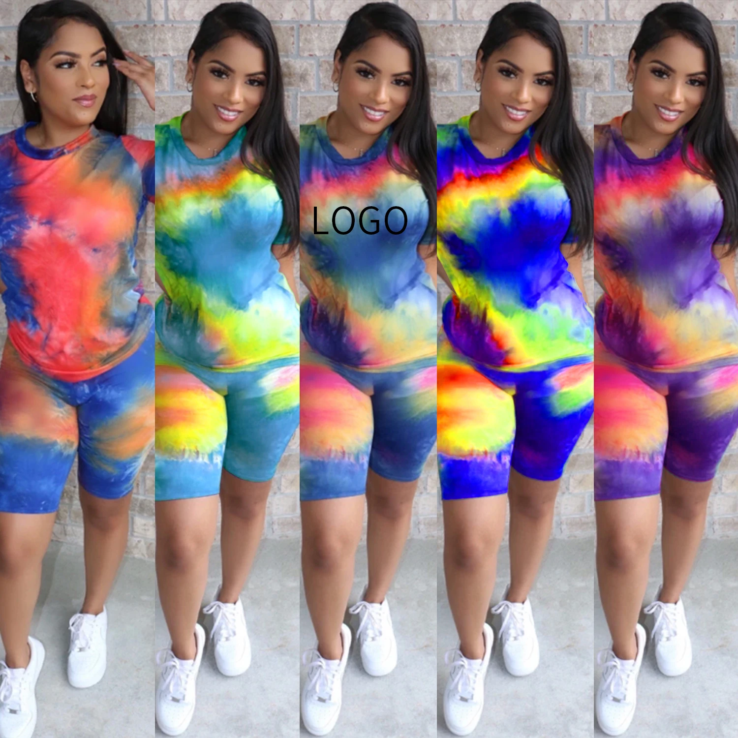 

New Hot Casual Women Fashion Tie Dye Rainbow Color Sweat Two Piece Pants 2 Piece Biker Short Set For Summer 2021