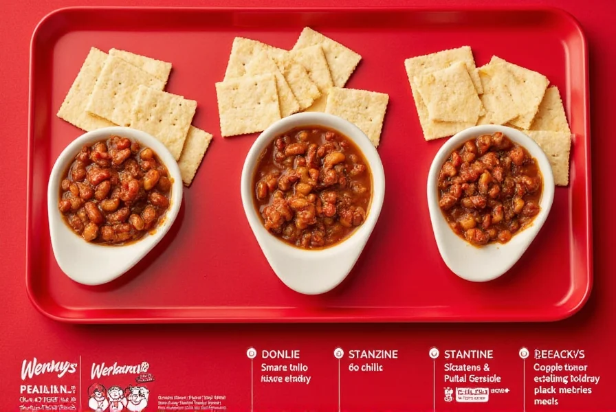 Wendy's chili in three sizes on a red tray with saltine crackers