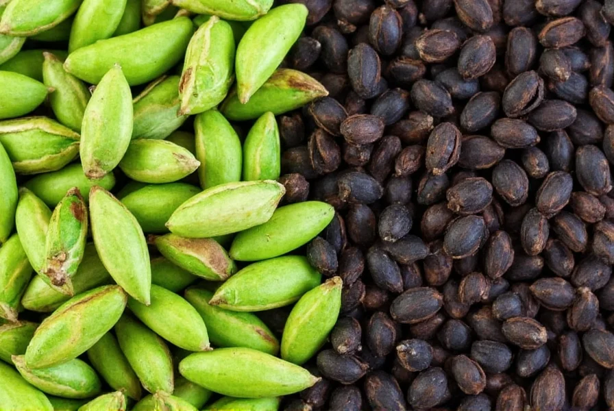 Close-up of green cardamom pods next to black cardamom pods showing color and size differences for cardamom spice flavor comparison