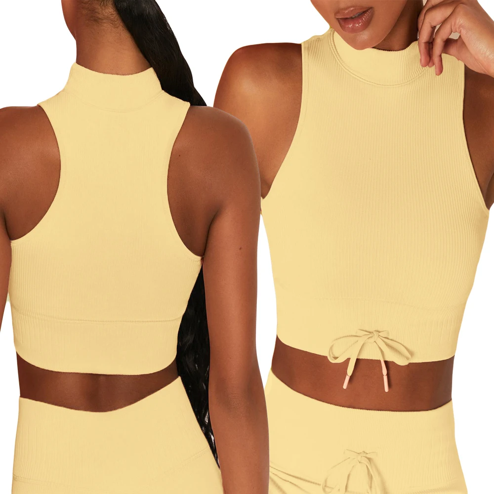 

Custom seamless candy colors high neck ribbed tank top women with bow