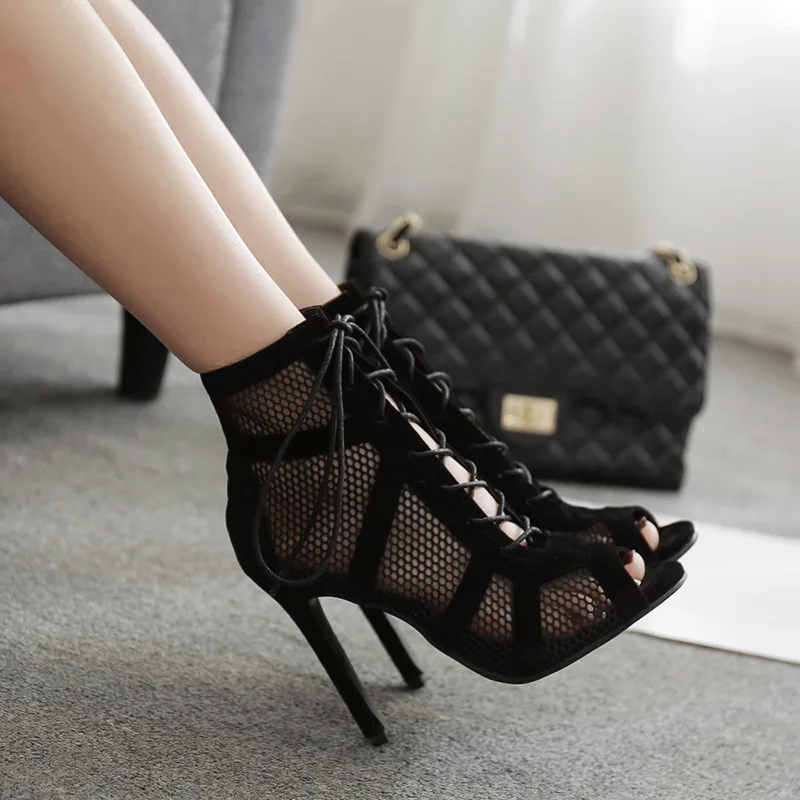 

2021 Fashion Black Summer Sandals Lace Up Cross-tied Peep Toe High Heel Ankle Strap Net Surface Hollow Out Sandals