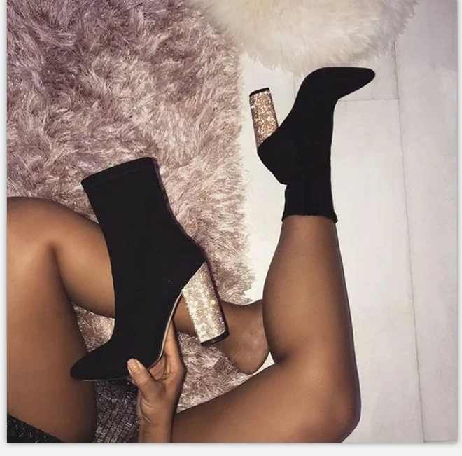 

Socks boots ladies knitted stretch short boots chunky heels shoes women boots, Black