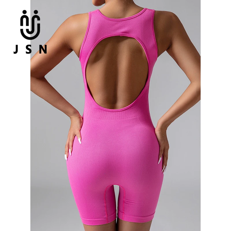 

JSN New seamless knitted yoga suit women sportswear fitness hip lift chest pad shock-absorbing suspender jumpsuit yogawear