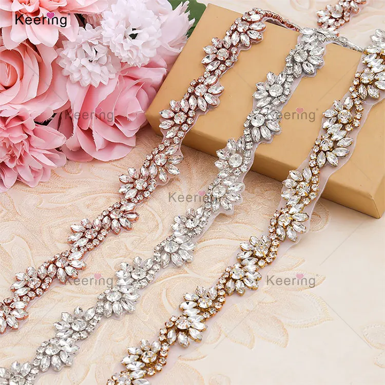 

1 Yard Bridal Ribbon Belt Iron on Jeweled Crystal Thin Sash Sparkly Rhinestone Applique for Formal Prom Evening Gown WRA-1014, Royal bule and clear stone