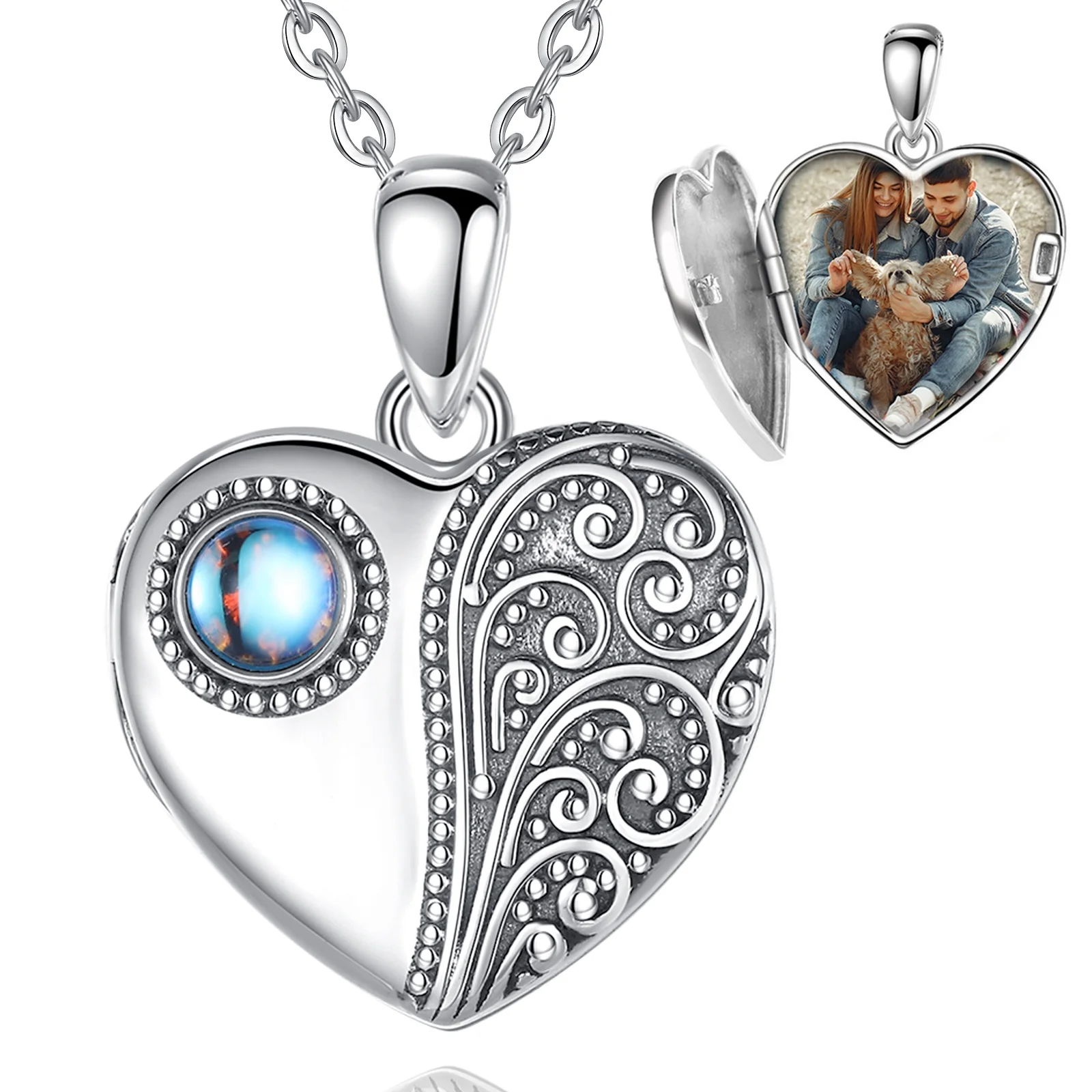 

Merryshine S925 Sterling Silver Photo Picture Heart Shaped Sublimation Vintage Locket Necklace with Moonstone