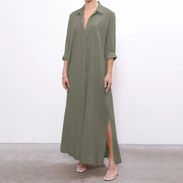 

Women Cotton Linen Dress Summer Shirt-style single-breasted windbreaker linen blend dress Maxi Dresses