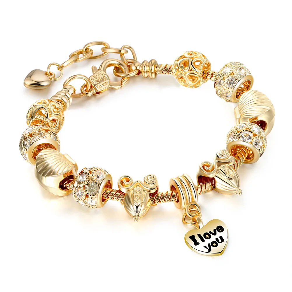 

European DIY Original Fit Jewelry Adjustable Snake Chain Gold Filled Shell Crystal Beads Charm Love Heart Bracelet Women