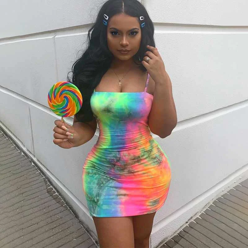 

Tight Summer Beach Dress For Women Wholesale Hot Night Fashion Colorful Boho Tie Dye Fitted Sleeveless girs Party Dresses, Green,orange