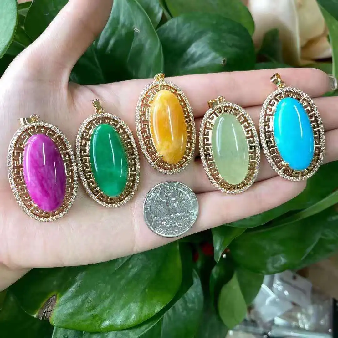 

Factory direct wholesale Natural chalcedony agate flame round oval jade pendant inlaid Brass gold plated necklace