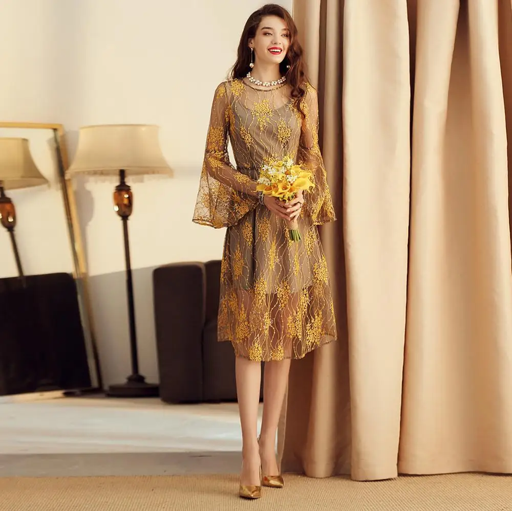 

new Hollow out women lady golden yellow lace floral print mesh casual dresses