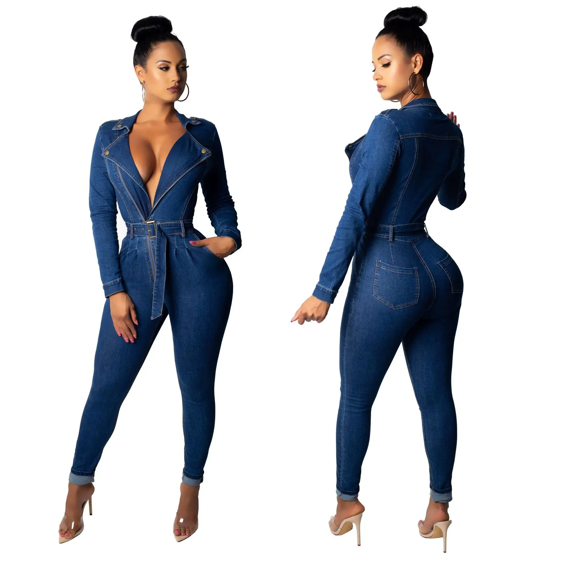 Amazon hot sale female zipper bodycon jean jumpsuits rompers jumpsuits long sleeves denim jeans for woman