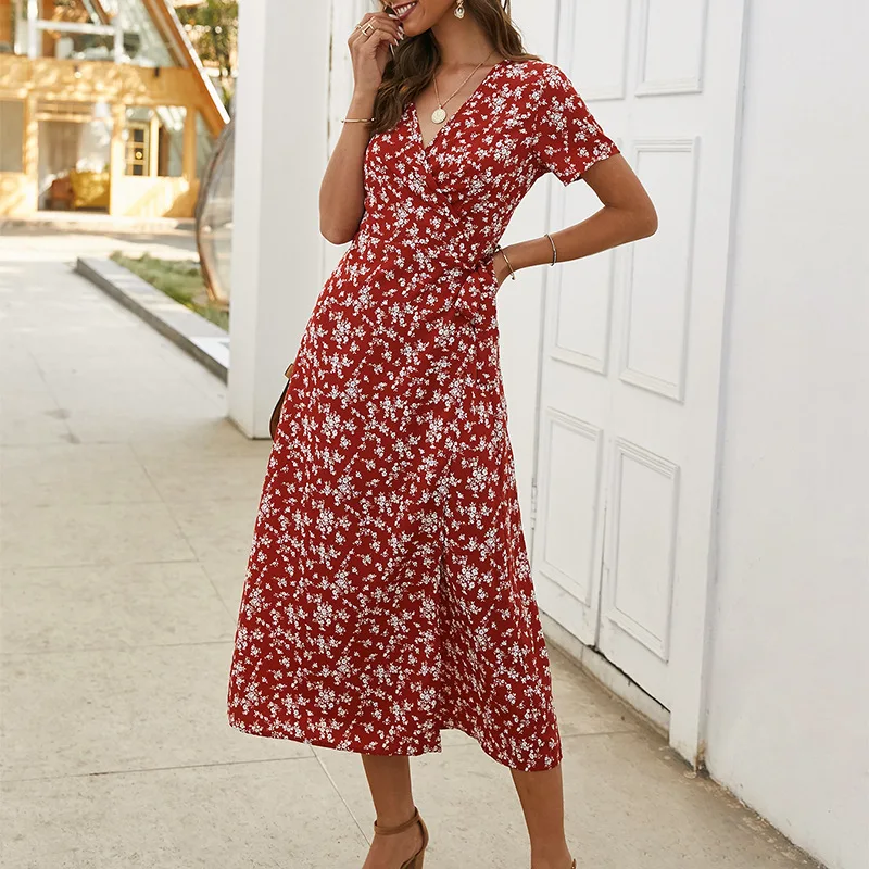 

2021 spring and summer floral thin short-sleeved dress elegant style fashion casual v neck dress colorful long dress casual