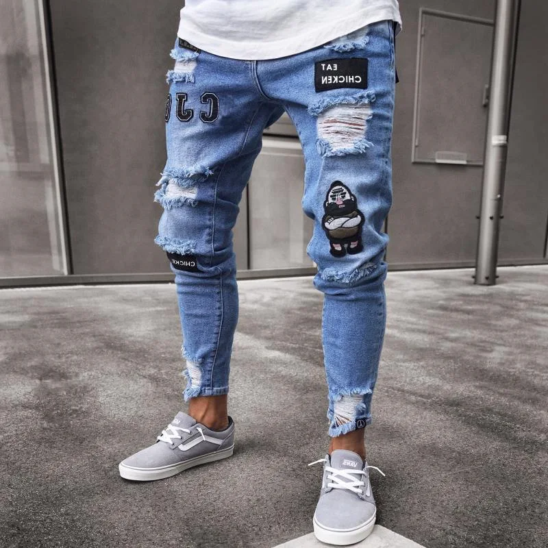 

LZX MK0008 Badge Men's Jeans Knee Holes Zipper Pant Men Denim Pants trousers jeans