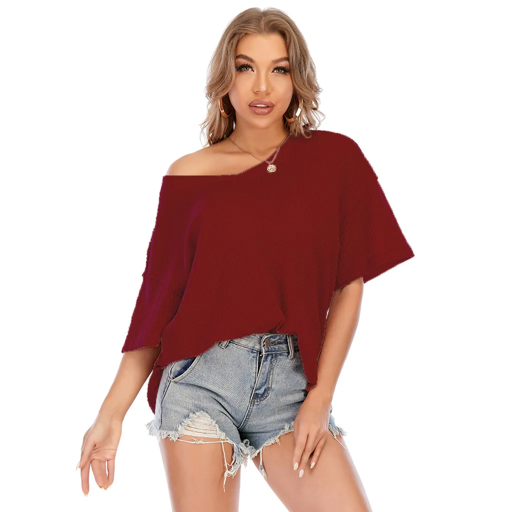 

2021 Summer Women's Casual Waffle Knitted Blouse V Neck Bat T-shirt Short Sleeved Loose Top Ladies' Blouses, 7 colors