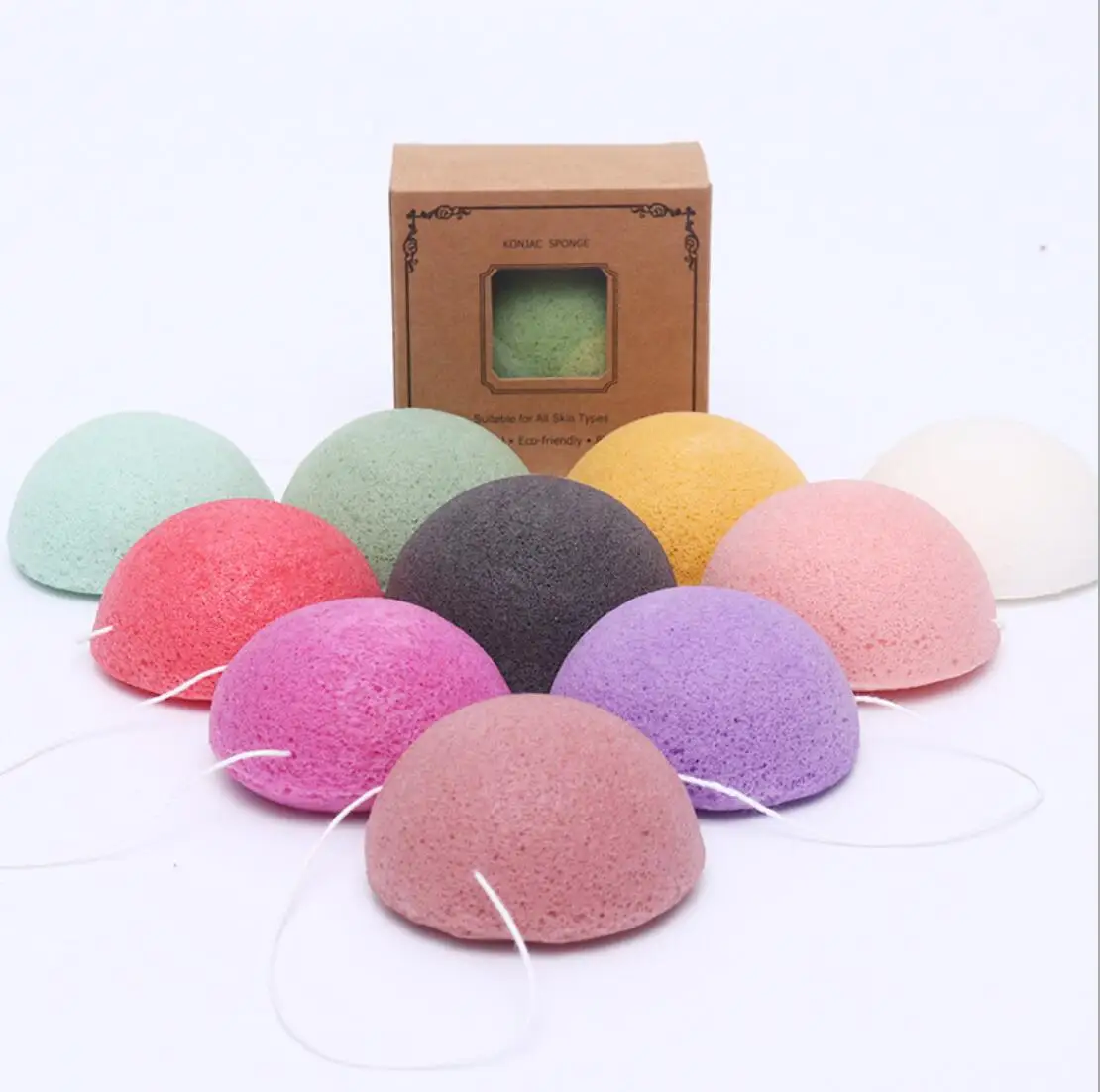 

Factory price eco friendly reusable natural konjac facial sponge with box, Bamboo handle bamboo color