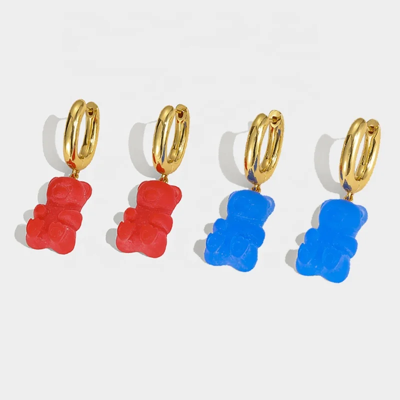 

The Ins Wind Niche Cute Vintage Brass 18k Real Gold Plated Colorful Candy Bear Dangle Resin Earrings, Picture shows
