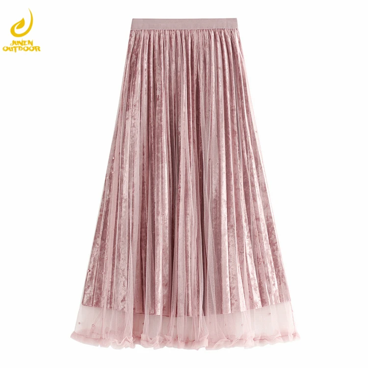 

2021 Women Hot Sell new design long maxi skirt women nail bead mid-carf waist pleated skirt