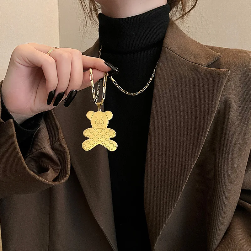 

long stainless Steel chain sweater bear pendant necklace