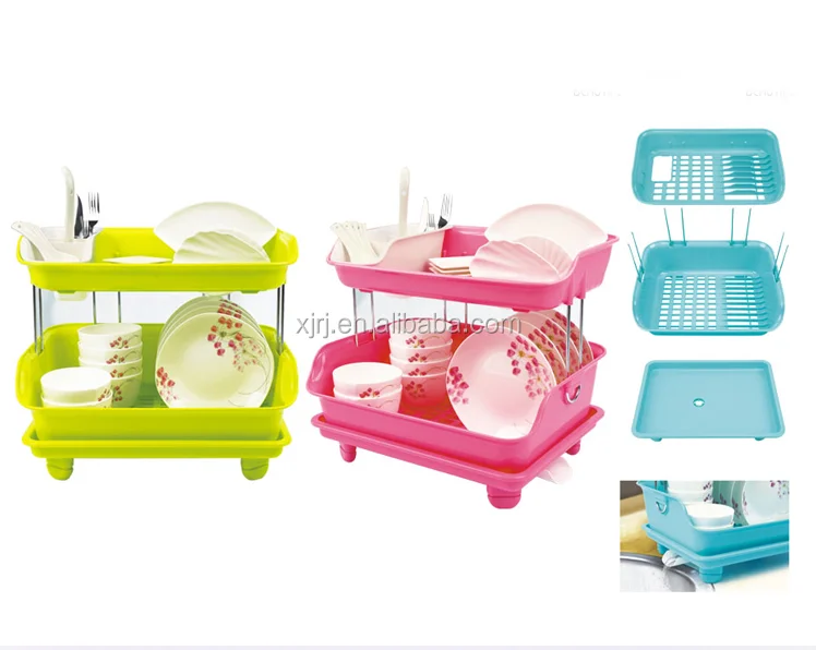 

factory direct sale two tiers dish plate bowl storage rack dish rack drying plastic kitchen storage rack, Blue,pink,green