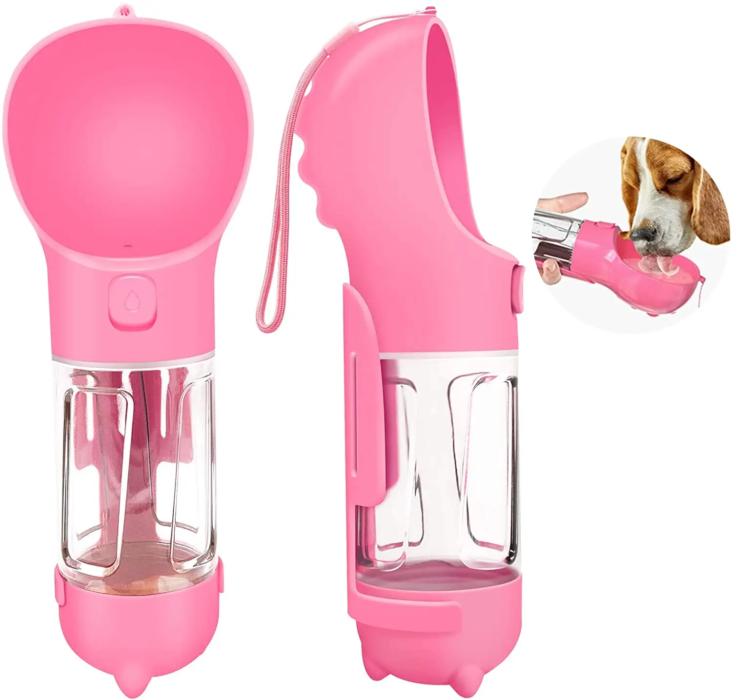 

wholesale portable dog water bottle food 3in1 pets travel water feeder dog travel water bowl Customizable logo and packaging, Pink, blue , white,custom color