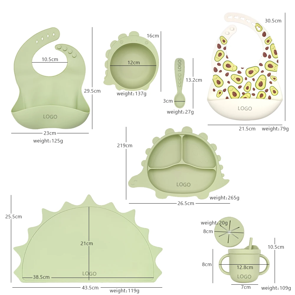 

Baby Feeding Set Silicone Dinosaur Bowl With Bib Spoon Food Grade Bebe Non-silp Suction Plate In Stock