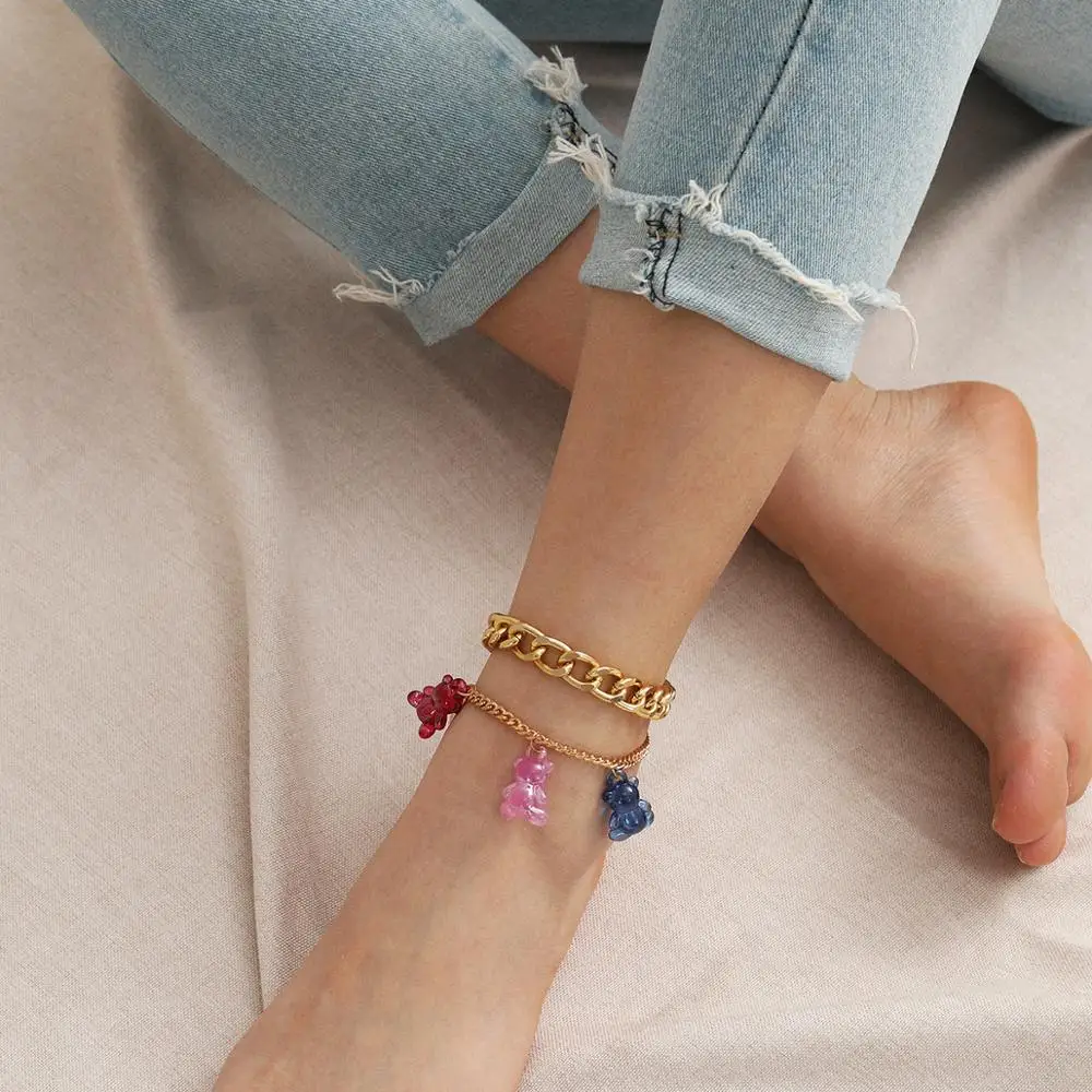 

HOVANCI Bohemian Cute Sweet Candy Color Double Anklets Acrylic Bear Pendant Foot Chain Ankle Bracelet Jewelry For Women Girls, Gold