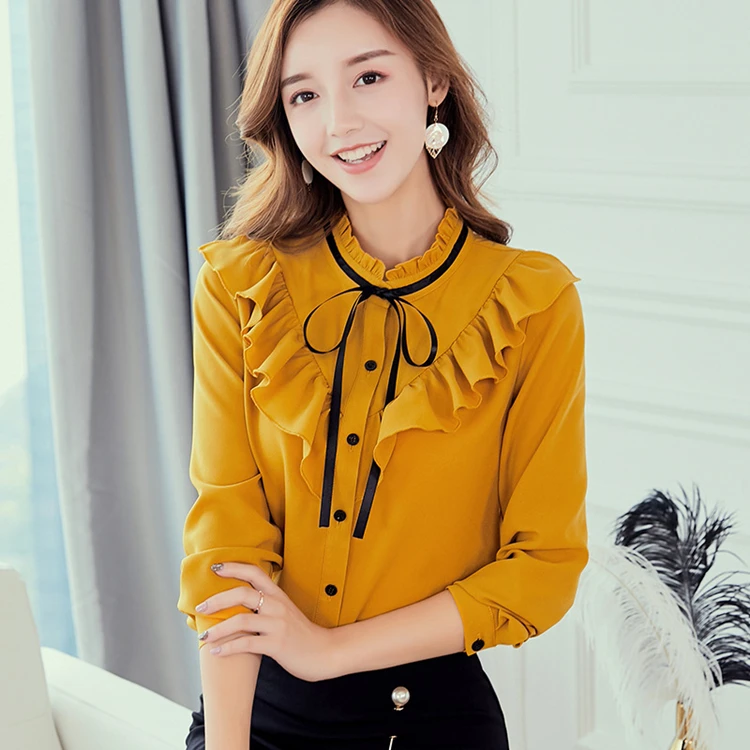 

Vintage Spring Women Long Sleeve shirt Ruffles Collar Women Chiffon Blouse Lady Tops, As pictures