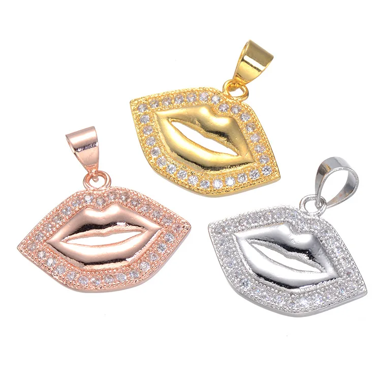 

Micro Pave CZ Copper Alloy Metal DIY Jewelry Accessories Finding Inlay ZIRCON Mouth Sexy Lip Shape Charm Pendant, Gold,silver,rose gold