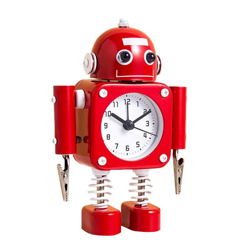 

Robot Alarm Clock Non-Ticking Table Clocks Stainless Metal with Flashing Eye Lights and Hand Clip