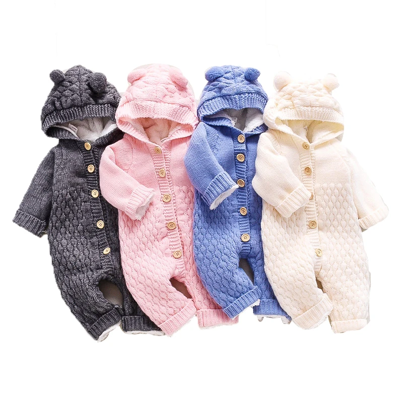 

Newborn infant knit onesie toddler long sleeve sweater jumpsuit cartoon bear winter clothes hot sale hooded baby romper