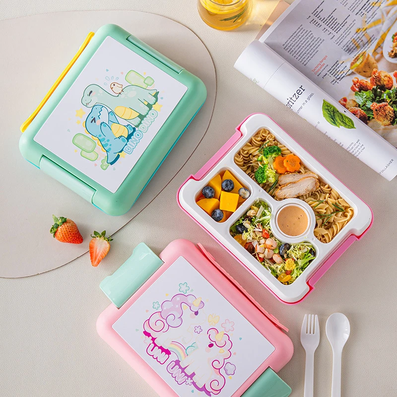 

J23 Cartoon Children Cute Plastic Divided Lunch Box Cutlery Bento Kawai pink bento wholesale edible pp lunch boxes for kids