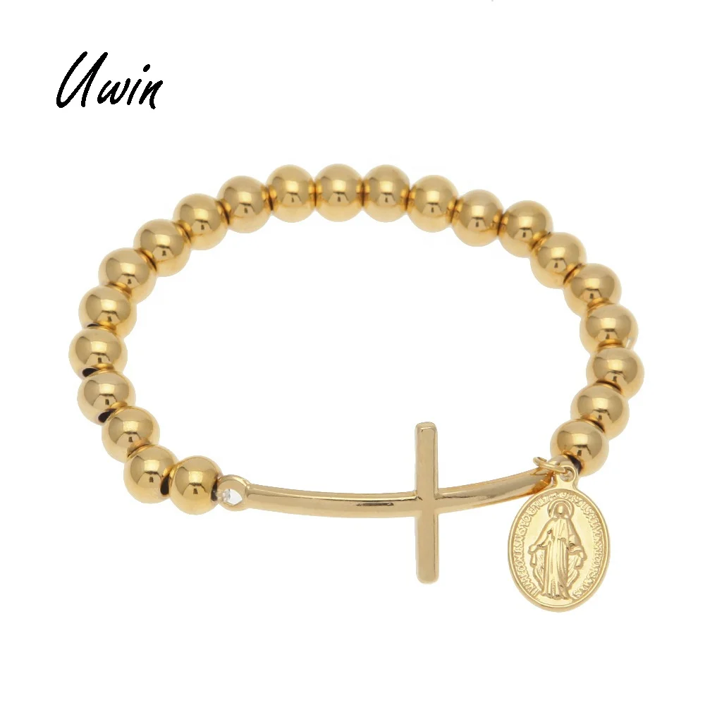 

Stainless Steel Gold 8mm Beads Rosary Chain Women Men Cross Bracelet with Virgin Mary Pendant Fashion Gift