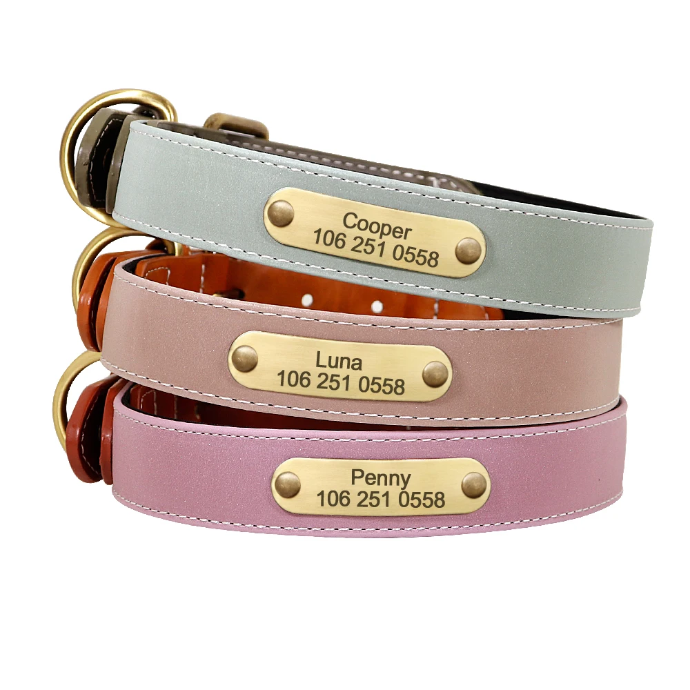 

2020 New Arrival PU colorful Customized Reflect Light Leather Pet Soft Dog Collar, Pink,green,purple,blue,coffee