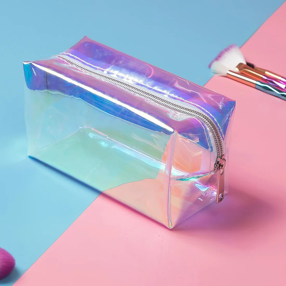 

Transparent Rainbow pencil case hologram makeup organizers custom logo Laser cosmetic bag, As show