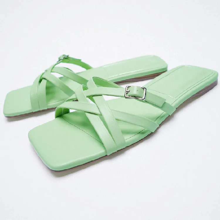 

New arrivals summer women slippers sandals square peep toe flats heel lady mules crossover strap female slides in mint