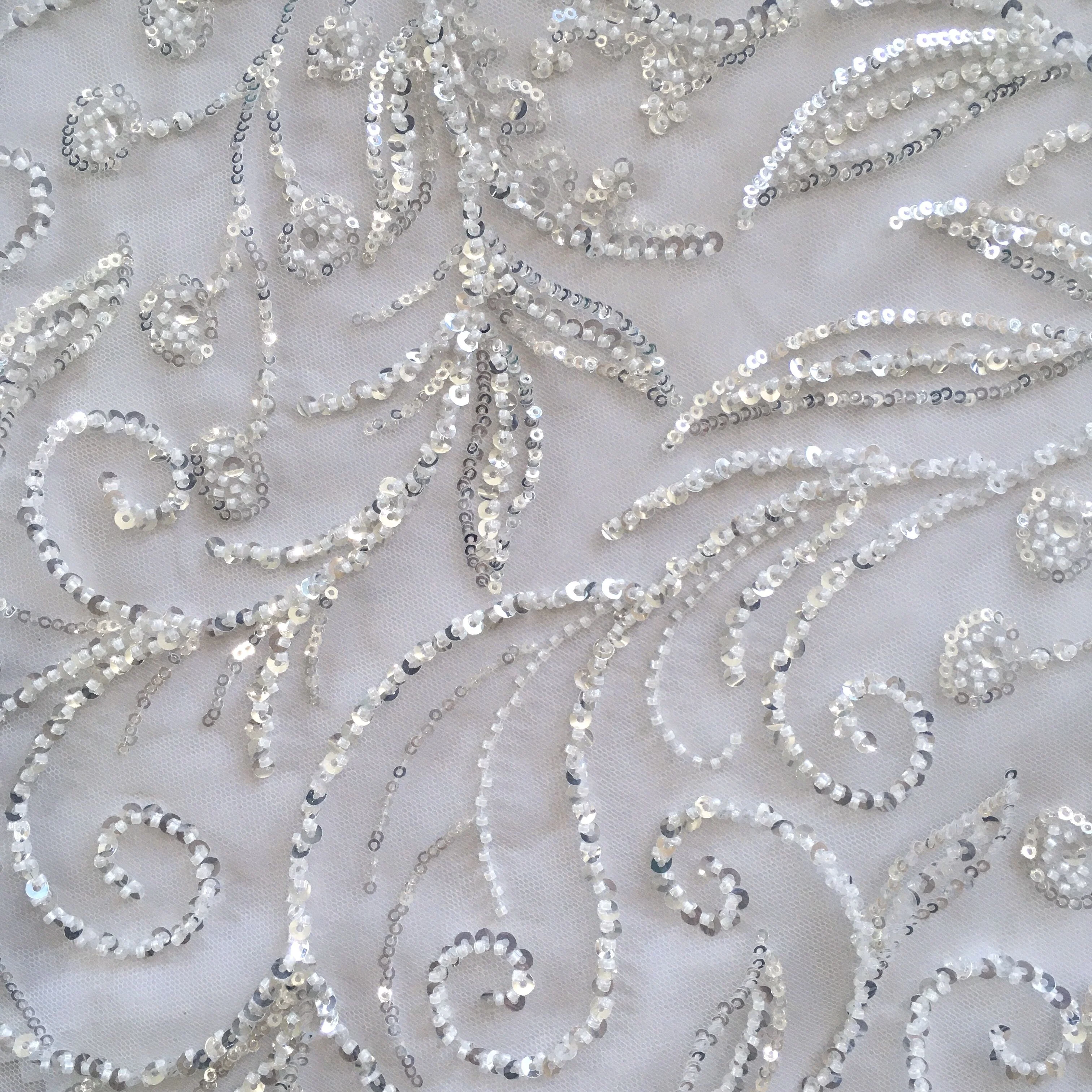 

Modern style white tulle mesh beaded embroidery sequins laces fabrics for bridal