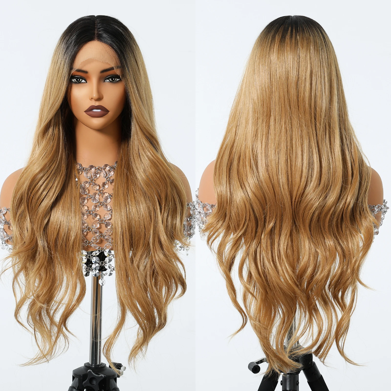 Japanese Future Fiber Black Hair Root Yellow Blonde Dark Brown Lace Front Wig Long Wave Lace Synthetic Wig Heat Resistant Women