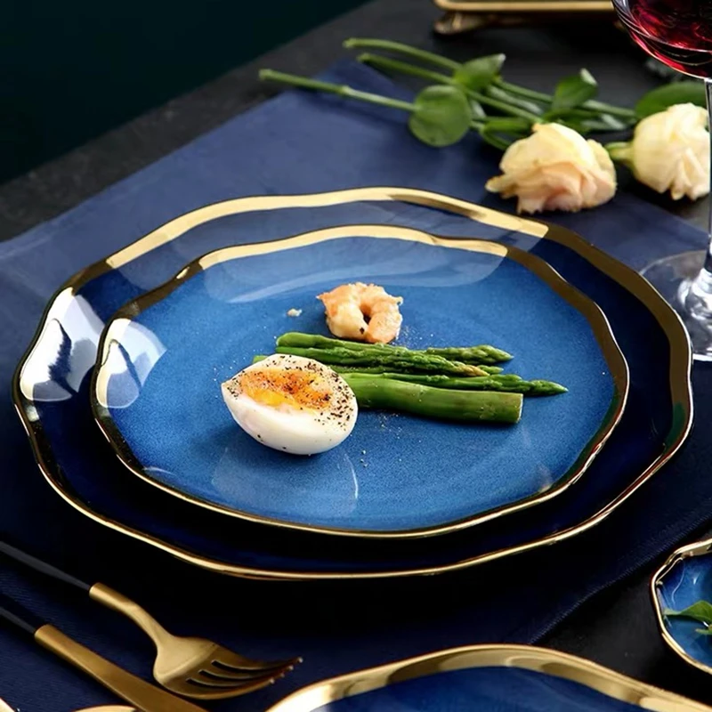 

Plate Japanese Style Ceramic Dinner Plates Salad Dish Dessert Snack Cake Plate Dinnerware Set Dropshipping, Blue