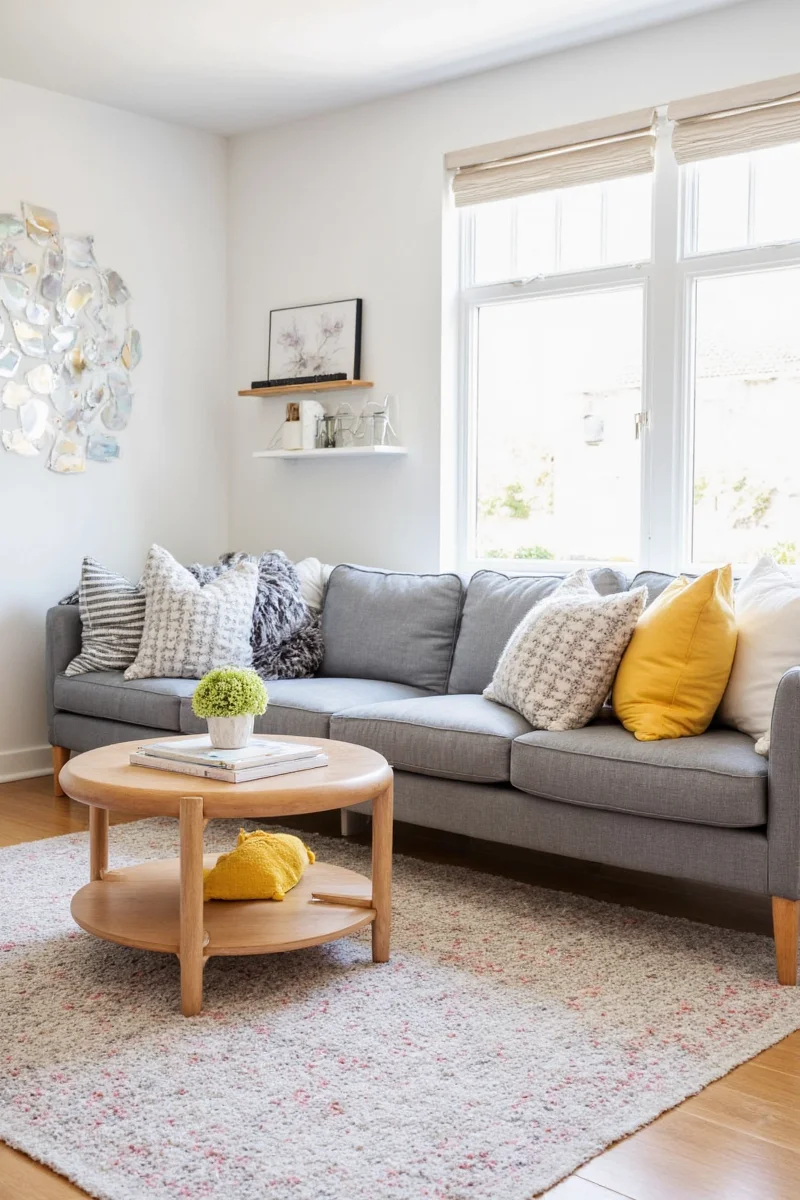 Removable floral wallpaper in a bright living room