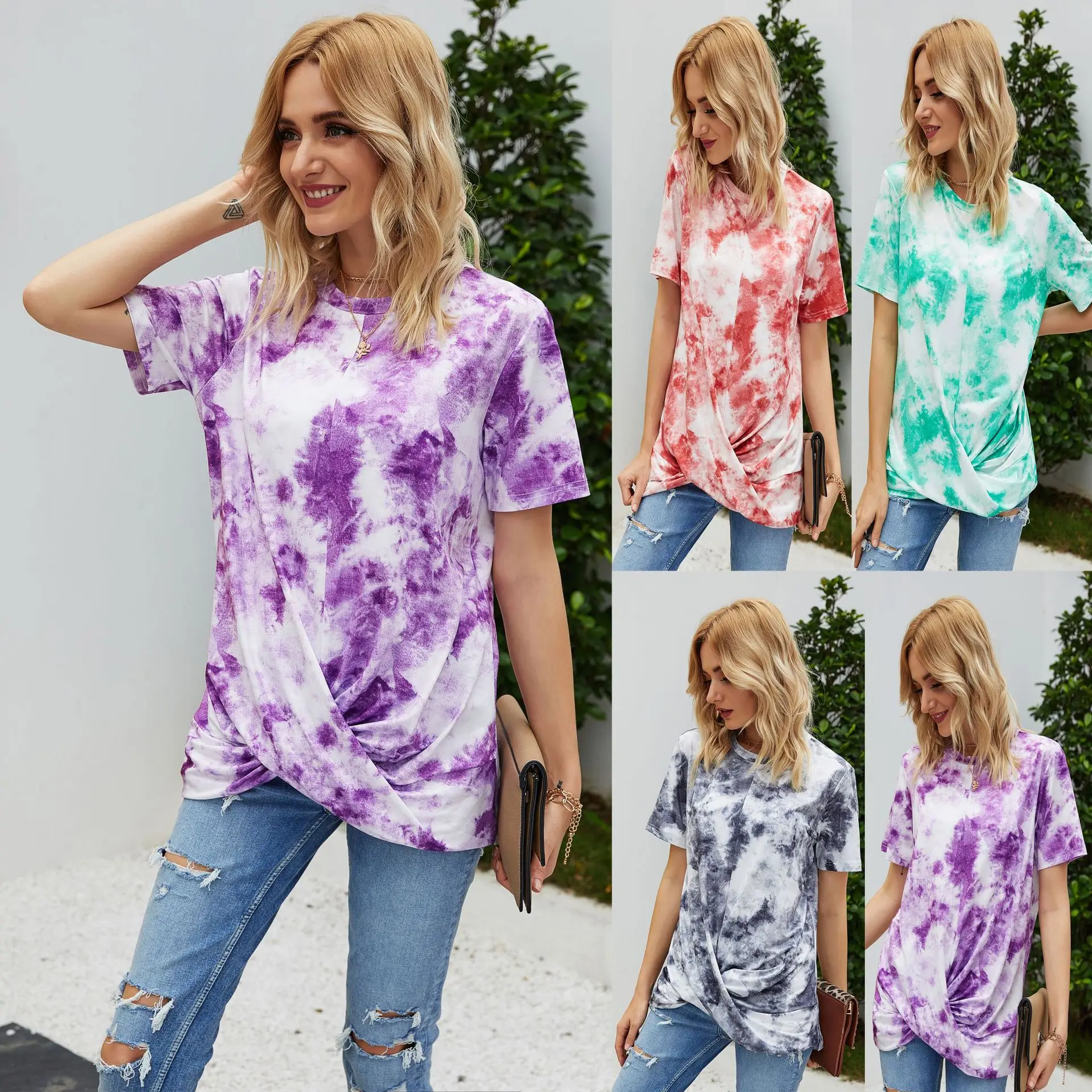 

Fashion Short-sleeved Lady T-shirt Round Neck Tie-dye Twisted Casual T-shirt Top Clothes For Women