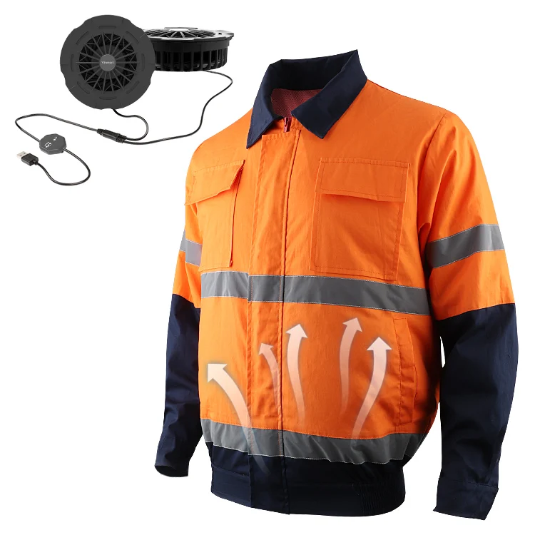 

Outdoor high-vis construction uniforms fan cooling jacket with heat-sealed reflective tape