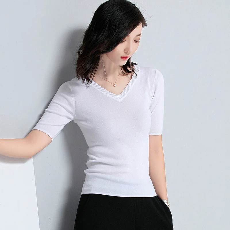 

2021 Summer Classic White Slim Short Sleeve Knitted T-Shirt Women's Simple All-match Knitwear Women's V-neck Bottom Shirt