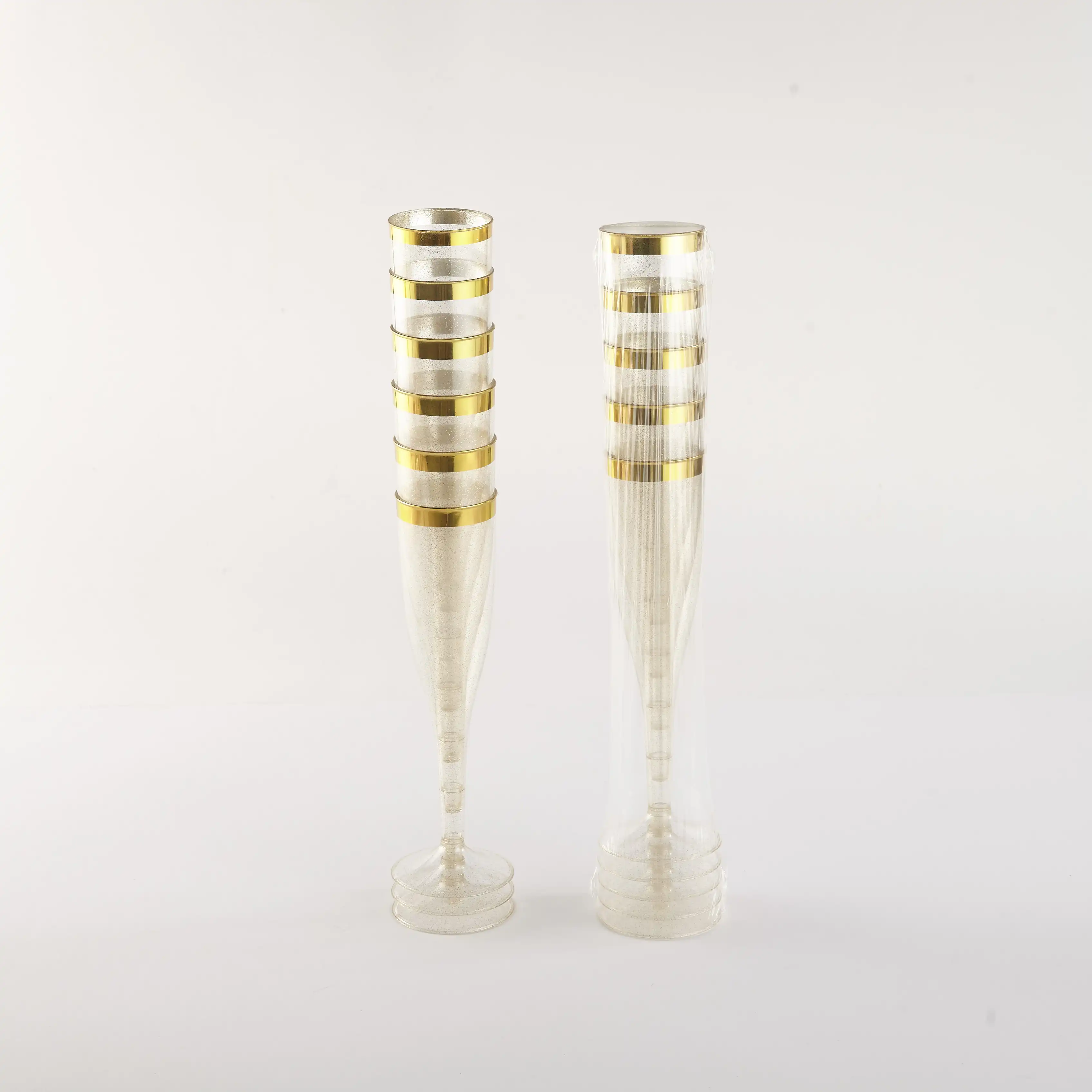 6.5 Oz Gold Rim With Gold Glitter Plastic Champagne Flutes For Wedding