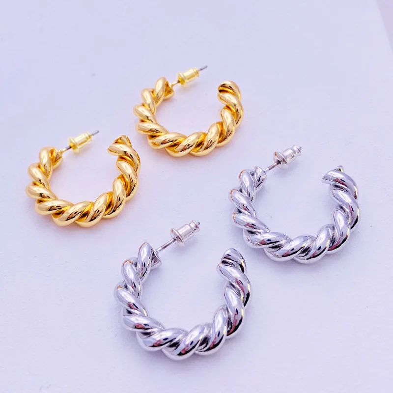 

2021 New Trend 18K Real Gold IP Plated Brass Punk Geometric C shaped Earring Twist Hoop Earrings for Women