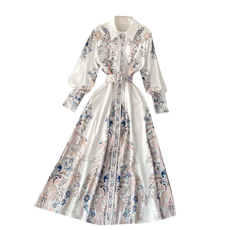 

Women's retro printed shirt women's long dress autumn long-sleeved single-breasted A-line dress Korean casual dresses